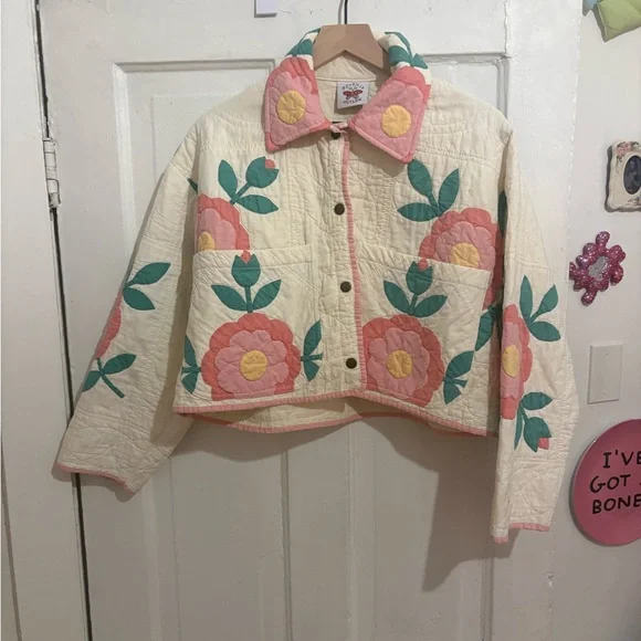 Psychic Outlaw Handmade Quilted Floral Cropped Jacket in Cream, Pink & Green - Picture 1 of 5